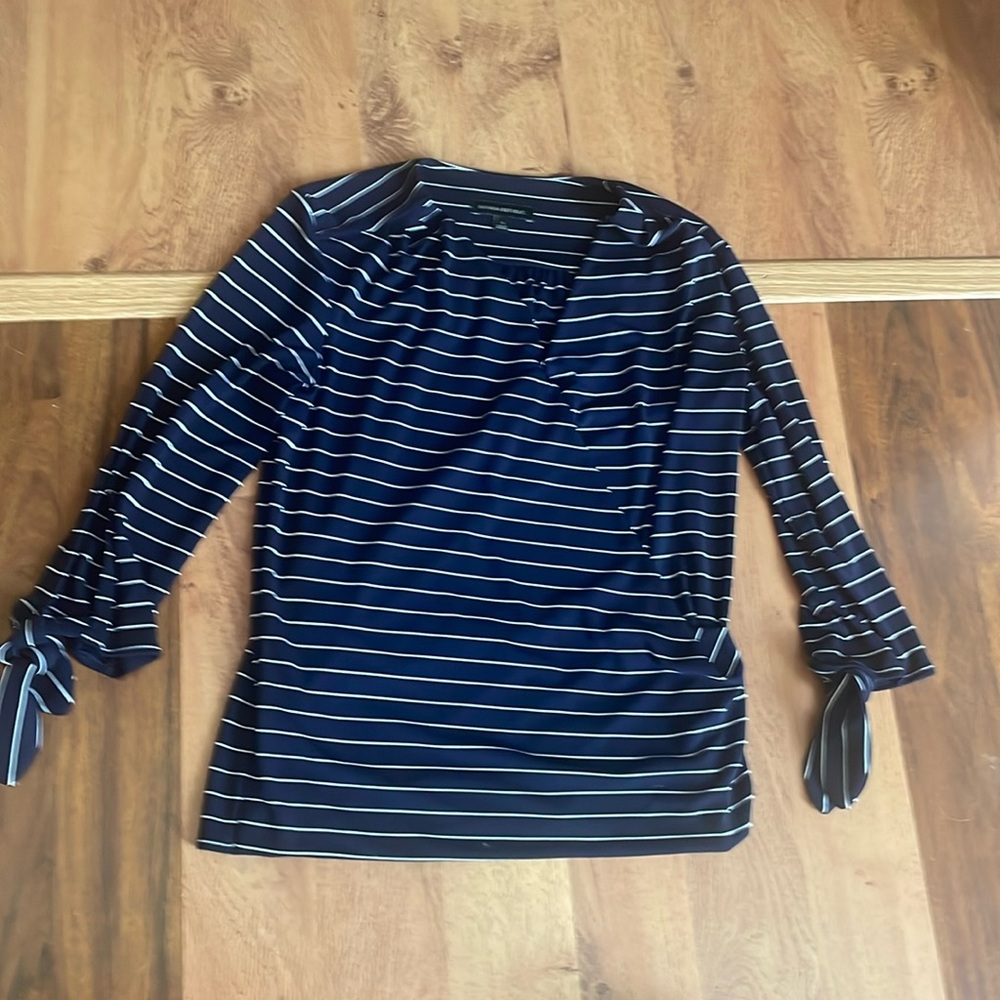Faux wrap navy blue and white stripe top